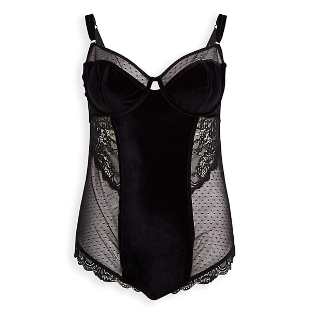 TORRID UNDERWIRE BODYSUIT - VELOUR & LACE BLACK
